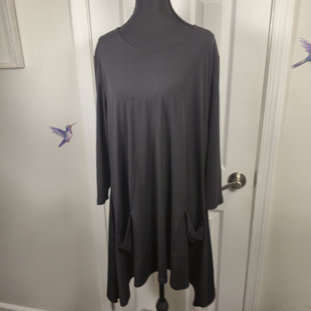 The Look Black Handkerchief Hem Tunic Dress XL Long Sleeve Pockets Arsty Style